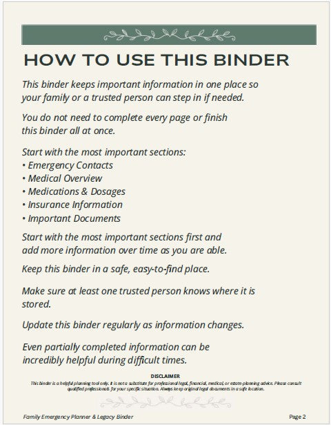 Core Family Emergency Binder Fillable PDF | Simple Emergency Planner & Important Documents Organizer