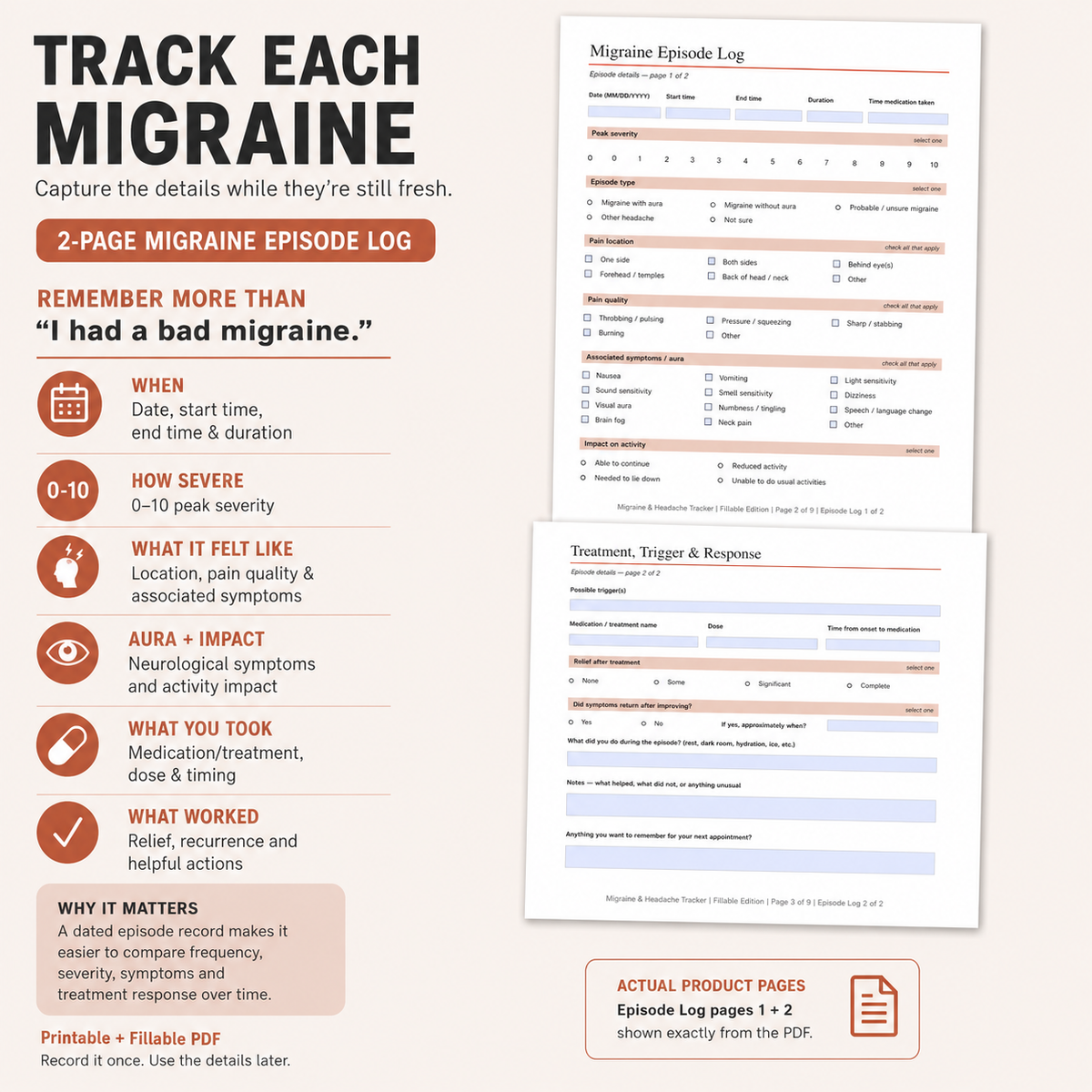 Migraine Tracker Printable & Fillable PDF, Headache Log, Aura Trigger and Medication Tracker, Doctor Visit Migraine Journal