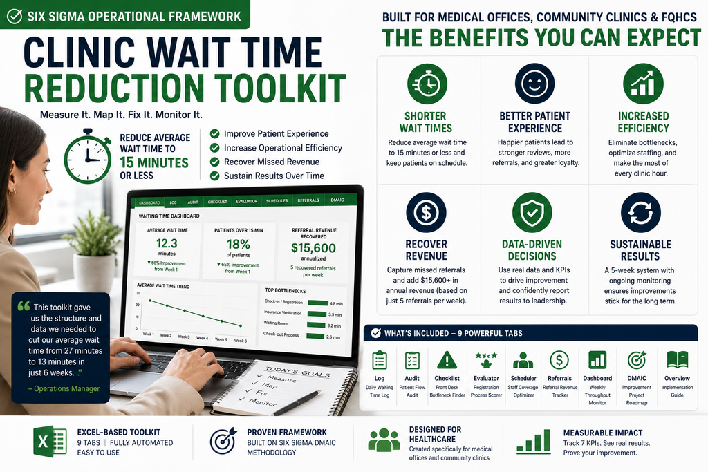 Clinic Waiting Time Reduction Toolkit | Six Sigma Medical Office System | Excel Template for Office Managers