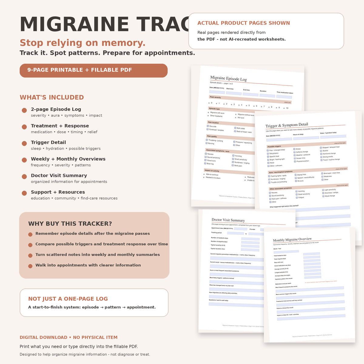 Migraine Tracker Printable & Fillable PDF, Headache Log, Aura Trigger and Medication Tracker, Doctor Visit Migraine Journal