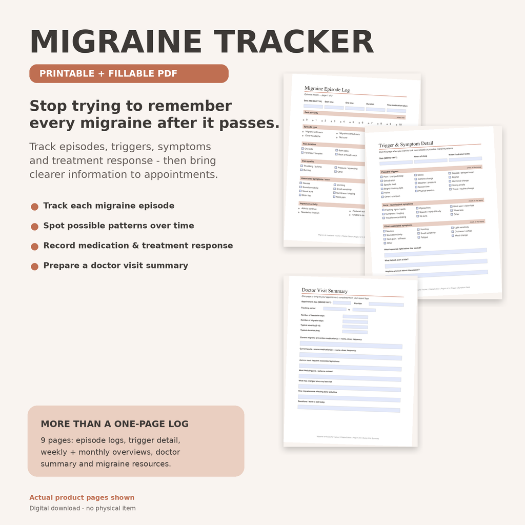 Migraine Tracker Printable & Fillable PDF, Headache Log, Aura Trigger and Medication Tracker, Doctor Visit Migraine Journal