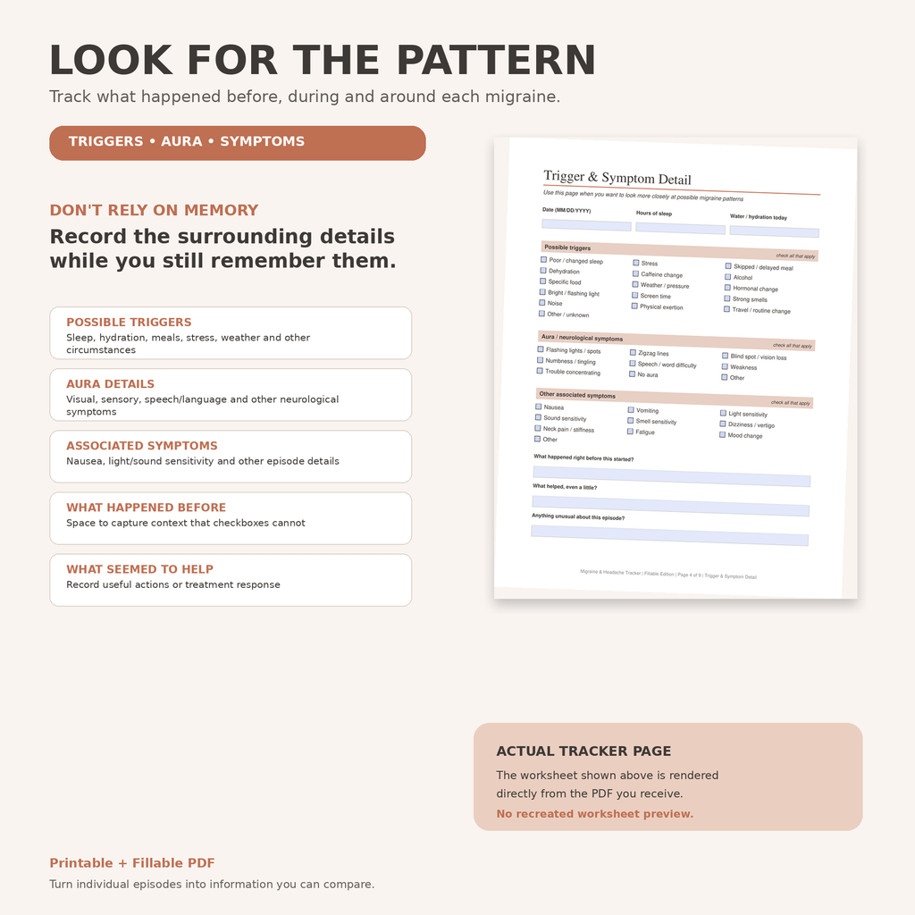 Migraine Tracker Printable & Fillable PDF, Headache Log, Aura Trigger and Medication Tracker, Doctor Visit Migraine Journal
