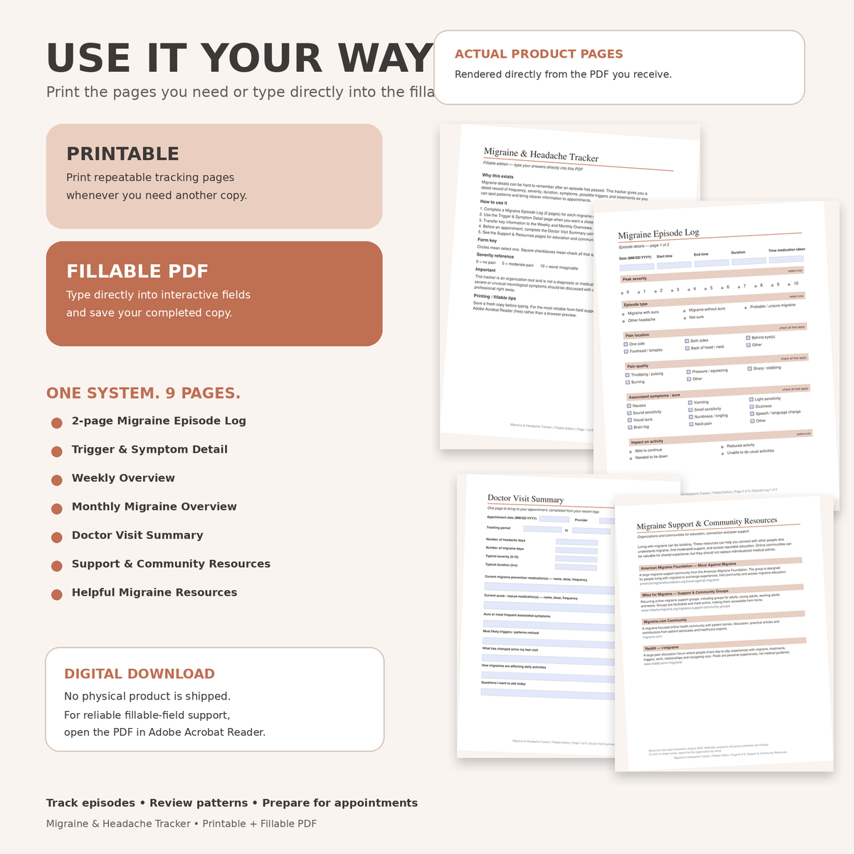 Migraine Tracker Printable & Fillable PDF, Headache Log, Aura Trigger and Medication Tracker, Doctor Visit Migraine Journal