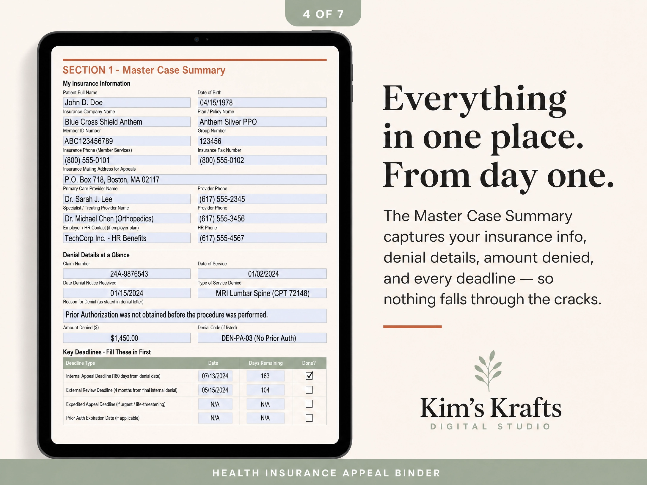 Health Insurance Appeal Binder, Medical Bill Dispute Log