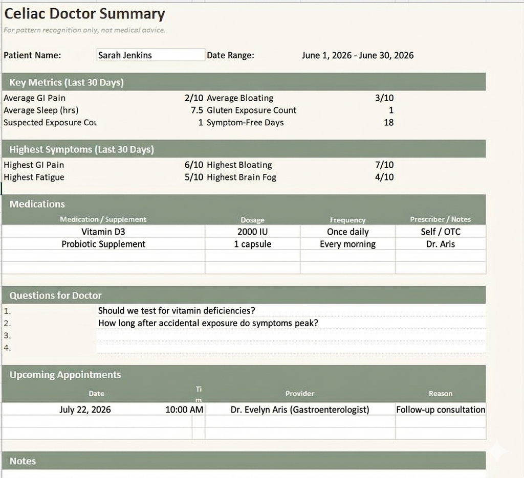 Celiac Disease Symptom Tracker, Gluten Exposure Log