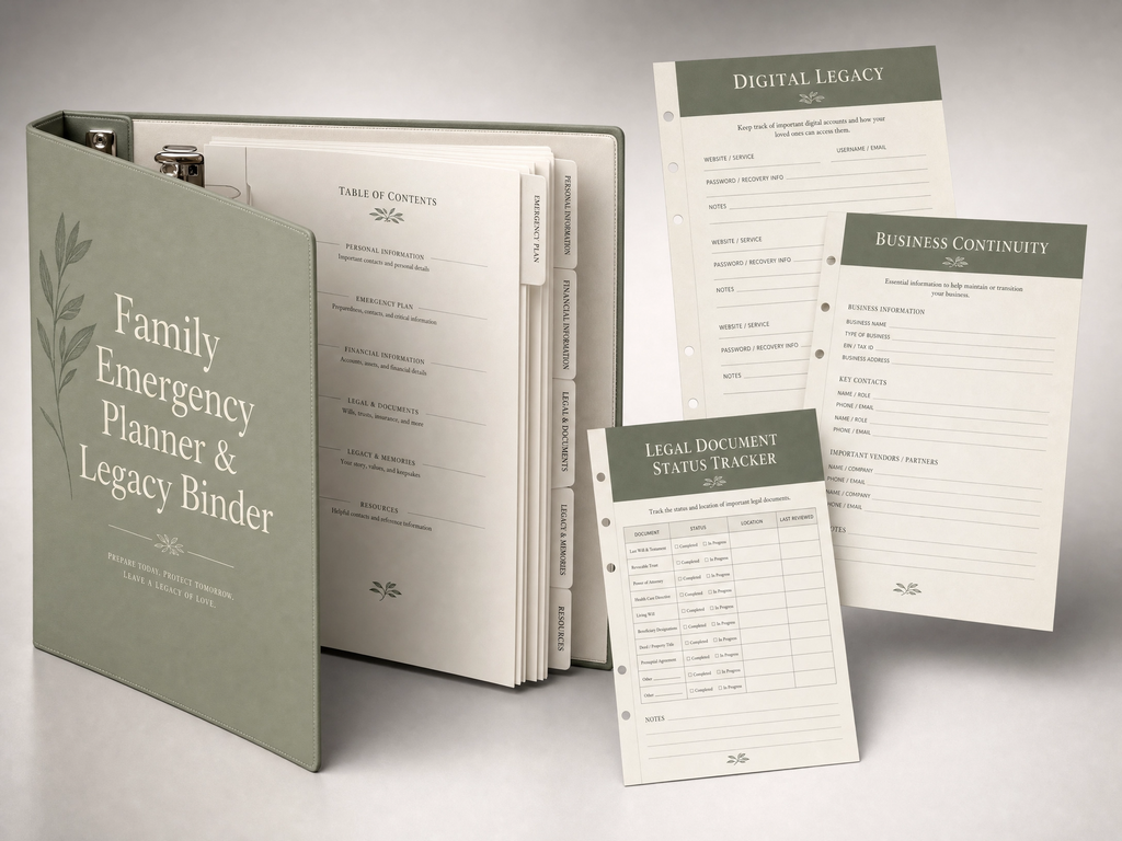 Family Emergency Binder, Legacy & End of Life Planner
